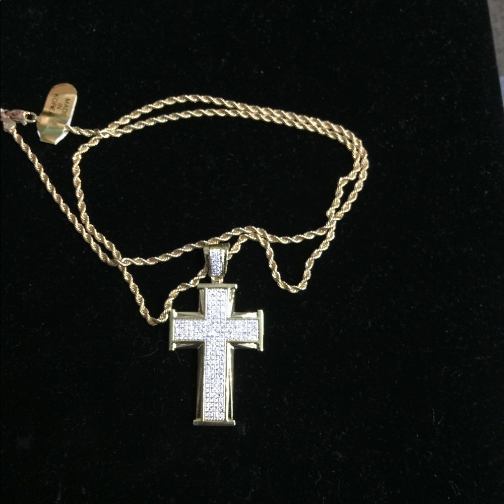 Gold Plated 24-in Rope Chain 3D Micropave Cross